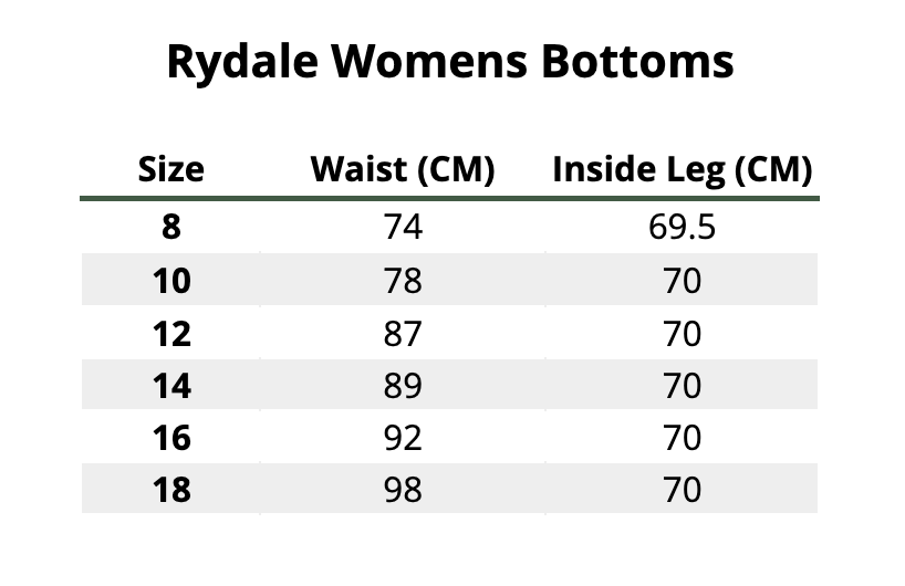 2025 Rydale Womens Bottoms  Size Chart